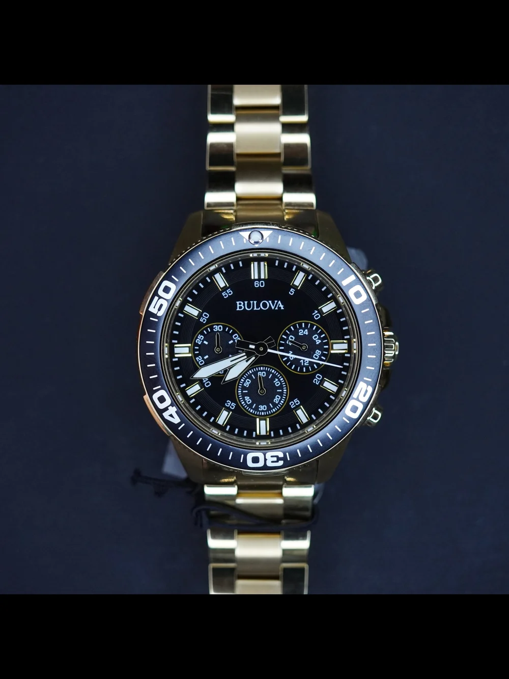 Bulova 98A248 Marine Star Gold Tone Chronograph Black Dial 43mm Mens Quartz